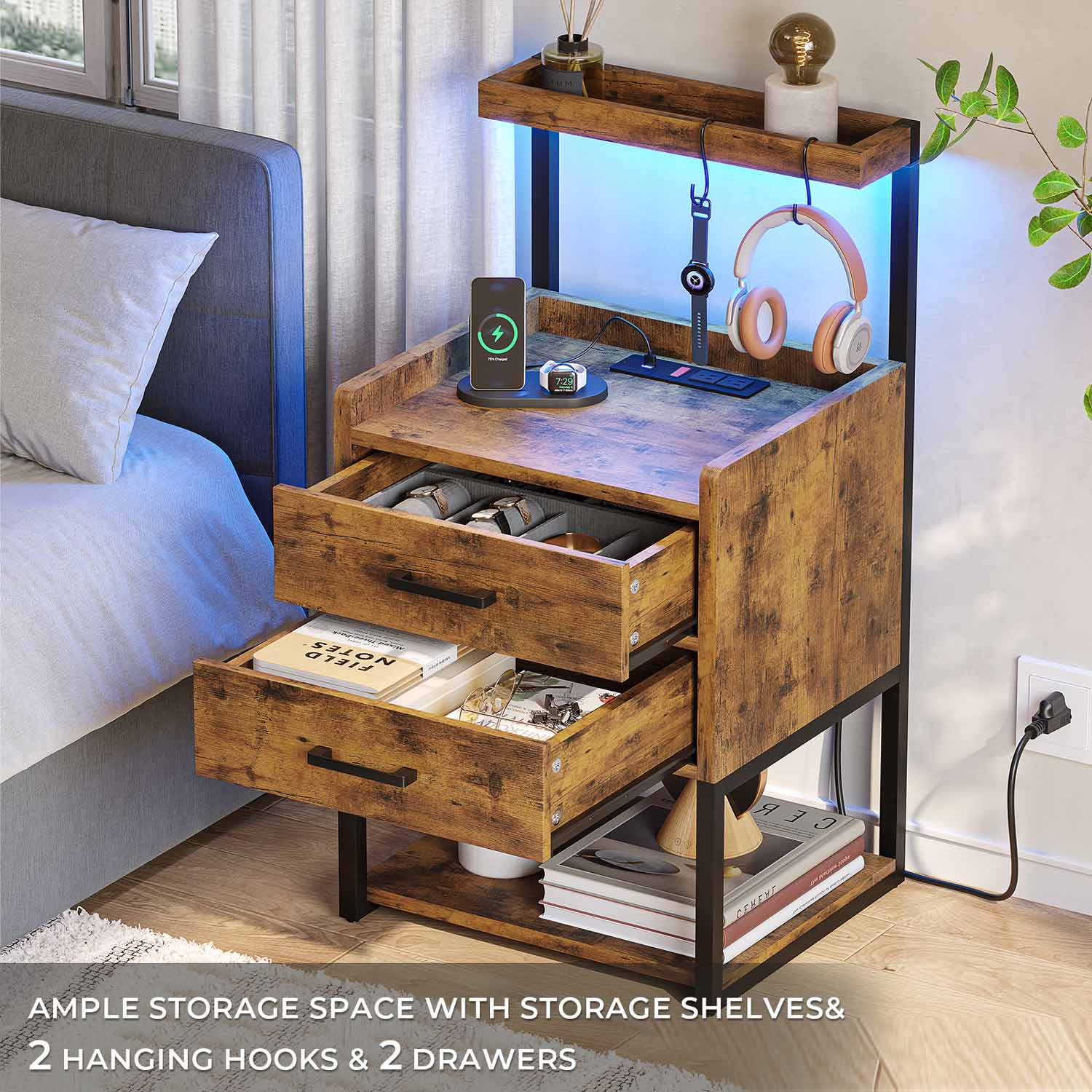AOGLLATI Nightstands Rustic Brown / Metal / Modern AOGLLATI Nightstand with LED Lights and Charging Station Rustic Brown