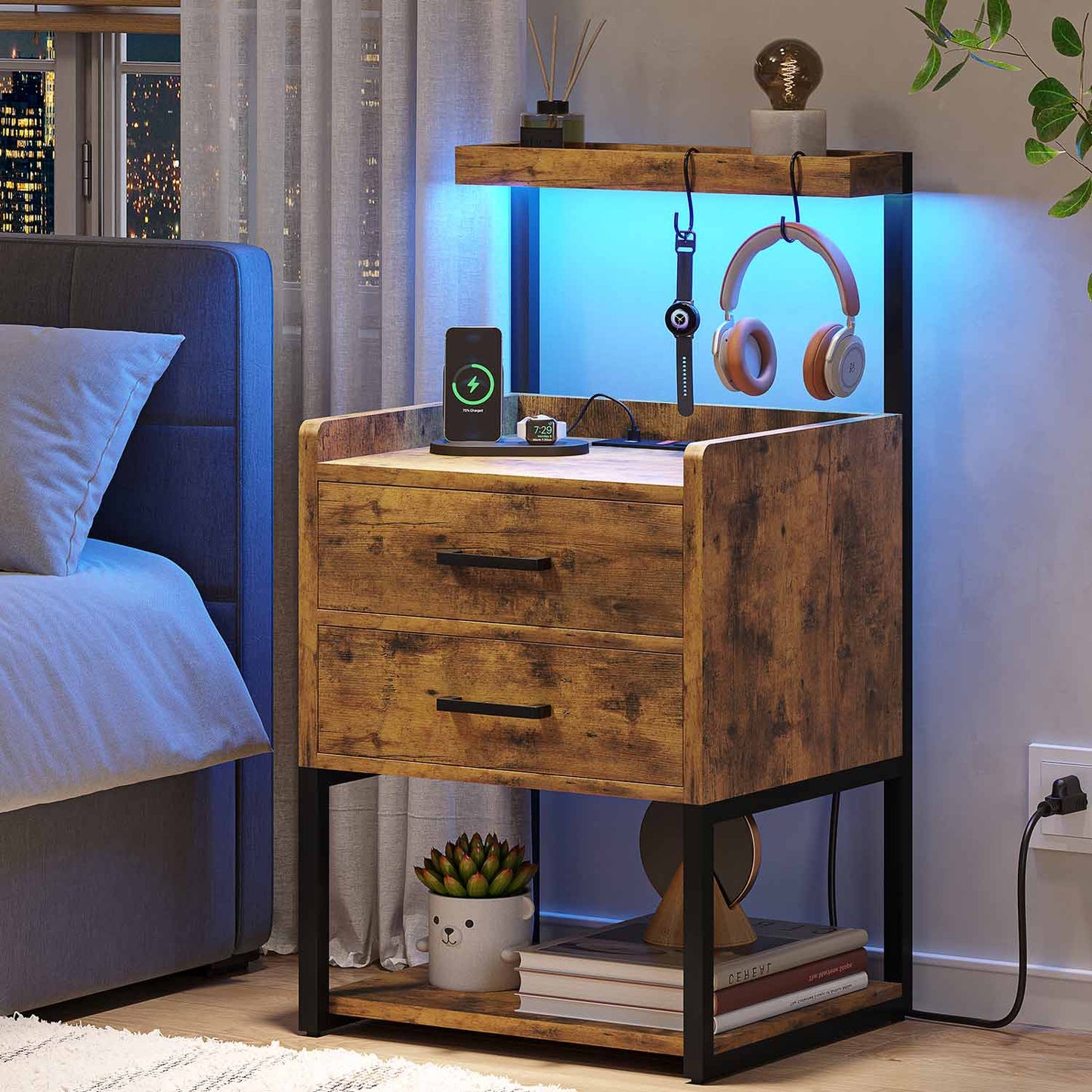 AOGLLATI Nightstands Rustic Brown / Metal / Modern AOGLLATI Nightstand with LED Lights and Charging Station Rustic Brown