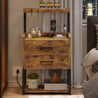 AOGLLATI Nightstands Rustic Brown / Metal / Modern AOGLLATI Nightstand with LED Lights and Charging Station Rustic Brown