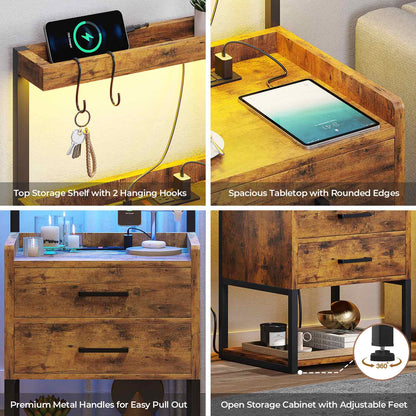 AOGLLATI Nightstands Rustic Brown / Metal / Modern AOGLLATI Nightstand with LED Lights and Charging Station Rustic Brown