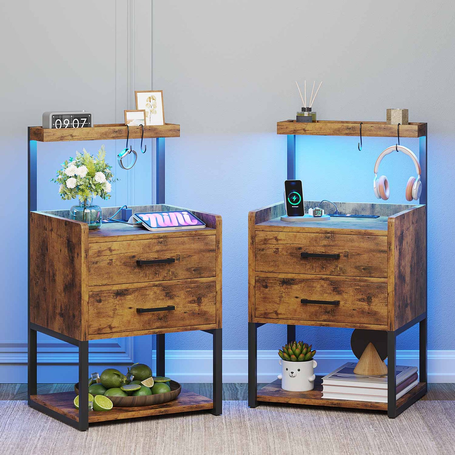 AOGLLATI Nightstands Rustic Brown / Metal / Modern AOGLLATI Nightstand with LED Lights and Charging Station Rustic Brown