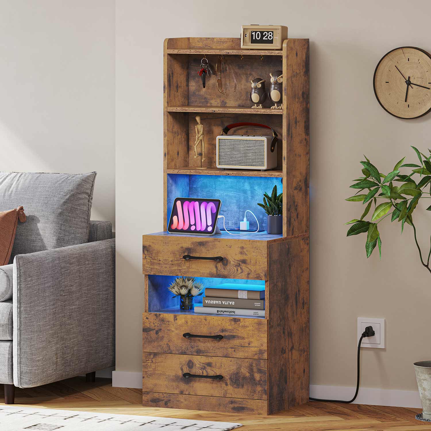 AOGLLATI Nightstands Rustic Brown Modern LED Tall Nightstand with Charging Station Rustic Brown