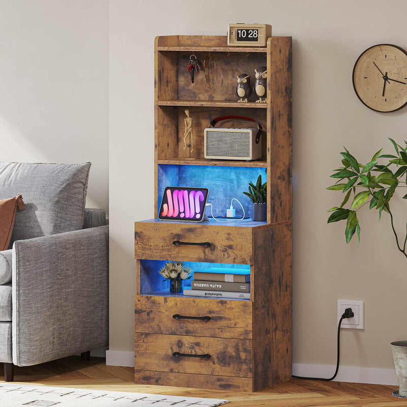 AOGLLATI Nightstands Rustic Brown Modern LED Tall Nightstand with Charging Station Rustic Brown