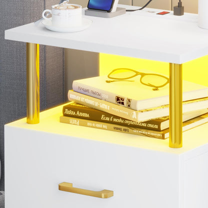 AOGLLATI Nightstands White / Engineered Wood / Modern AOGLLATI Nightstand with Charging Station and LED Lights White