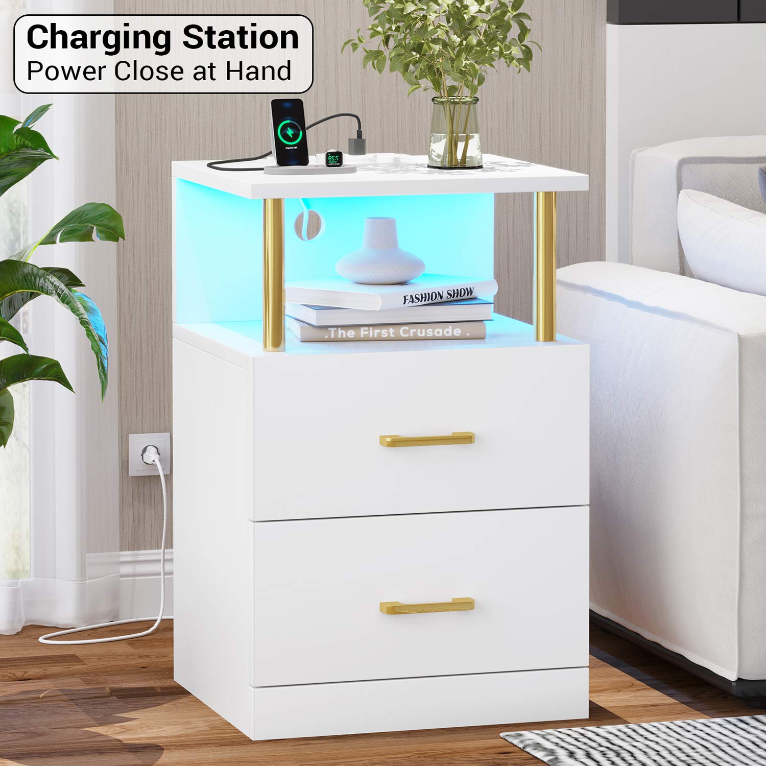 AOGLLATI Nightstands White / Engineered Wood / Modern AOGLLATI Nightstand with Charging Station and LED Lights White