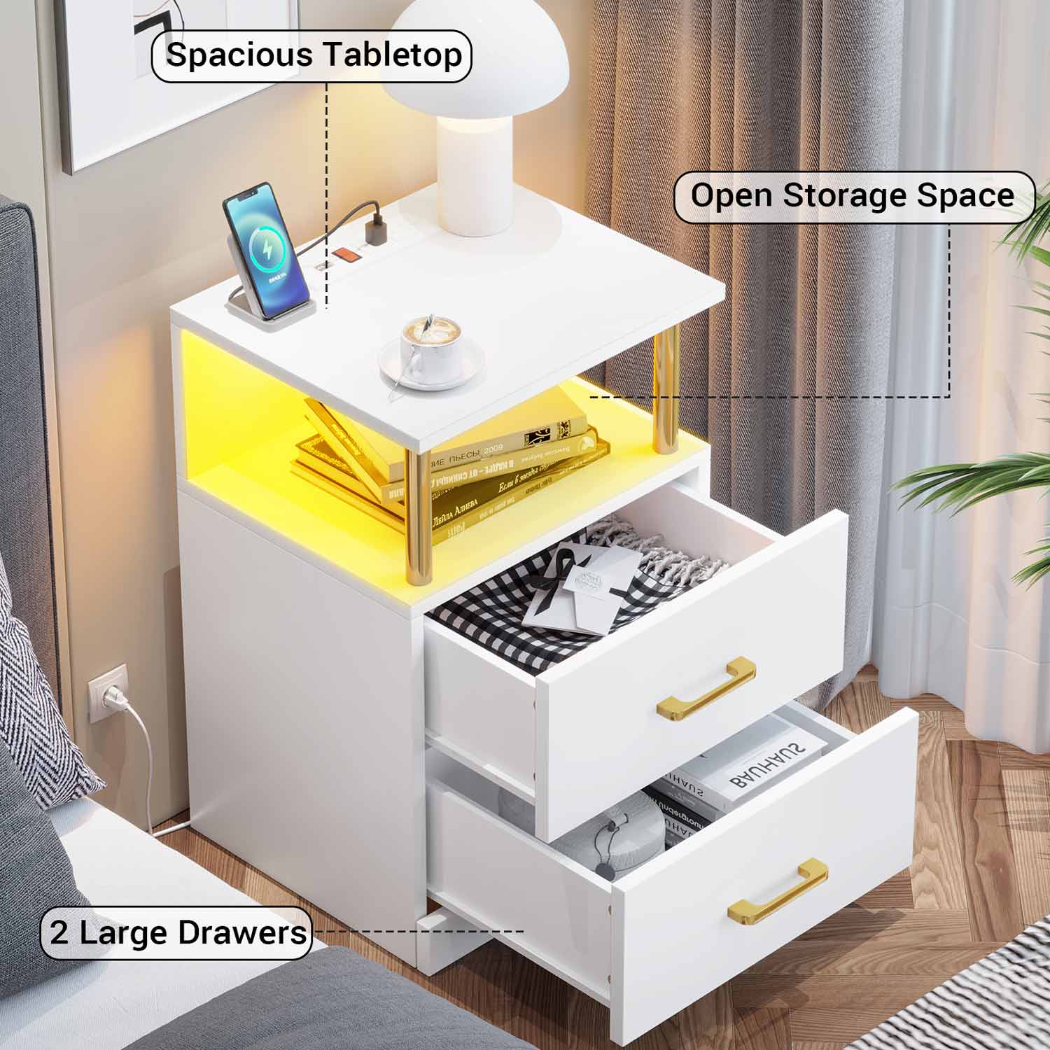 AOGLLATI Nightstands White / Engineered Wood / Modern AOGLLATI Nightstand with Charging Station and LED Lights White