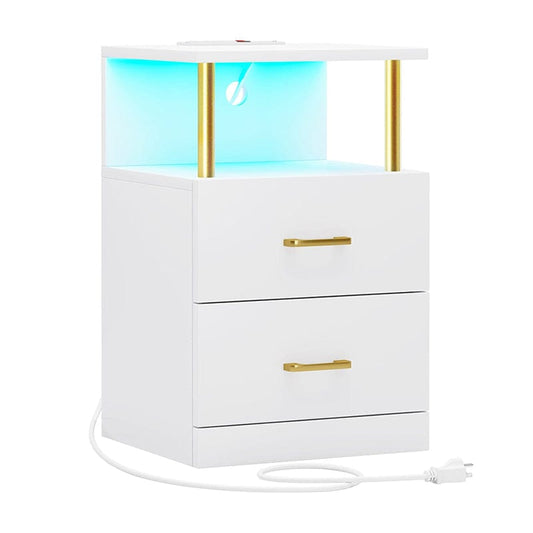 AOGLLATI Nightstands White / Engineered Wood / Modern AOGLLATI Nightstand with Charging Station and LED Lights White
