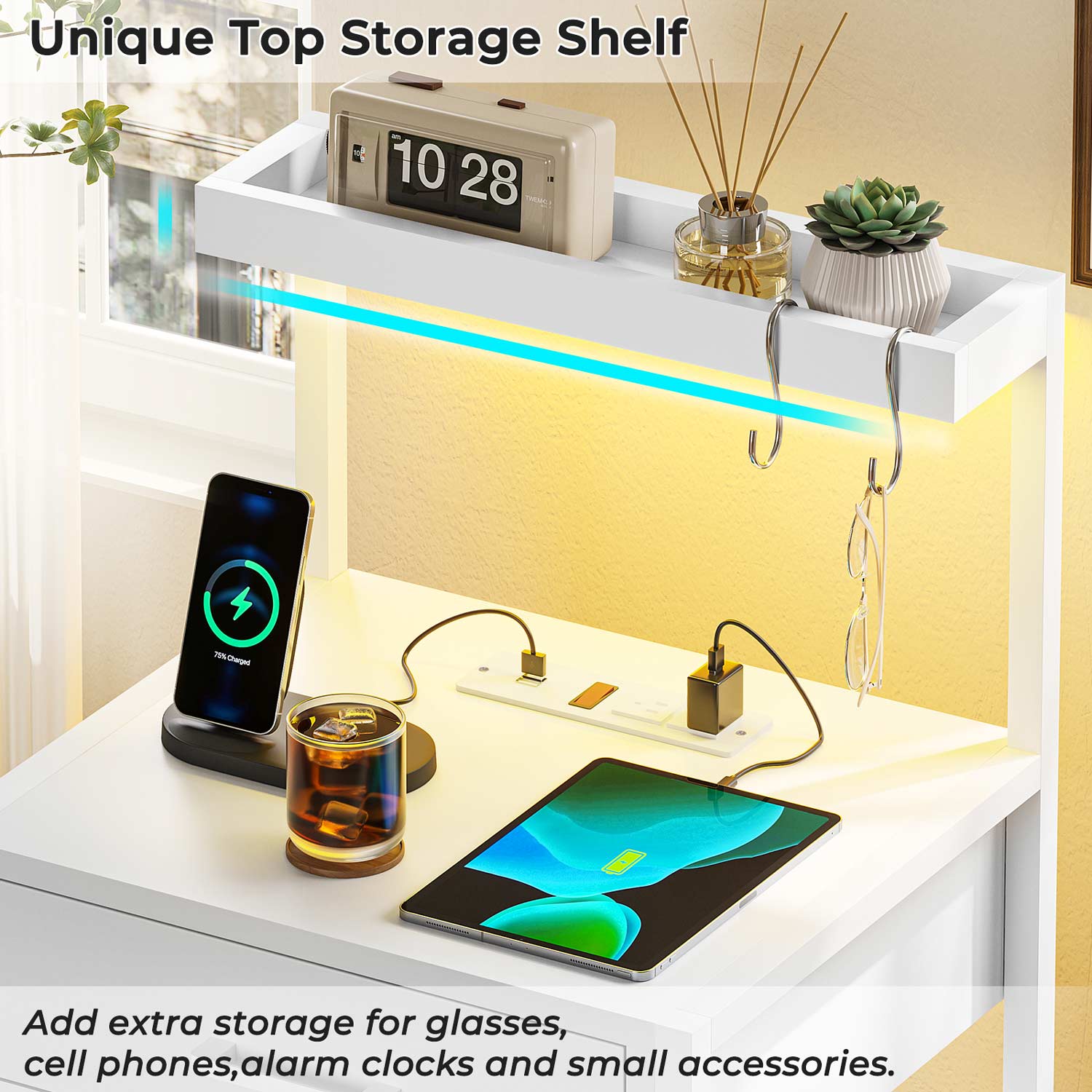 AOGLLATI Nightstands White / Metal / Modern AOGLLATI Nightstand with Charging Station and LED Lights White