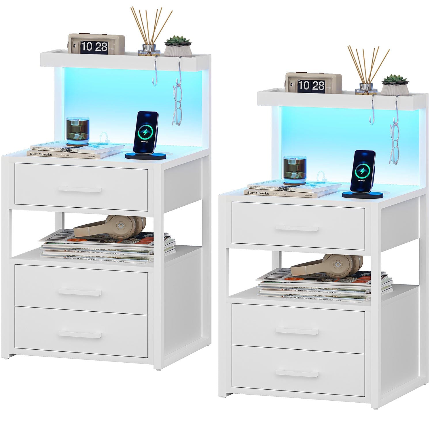 AOGLLATI Nightstands White / Metal / Modern AOGLLATI Nightstand with Charging Station and LED Lights White