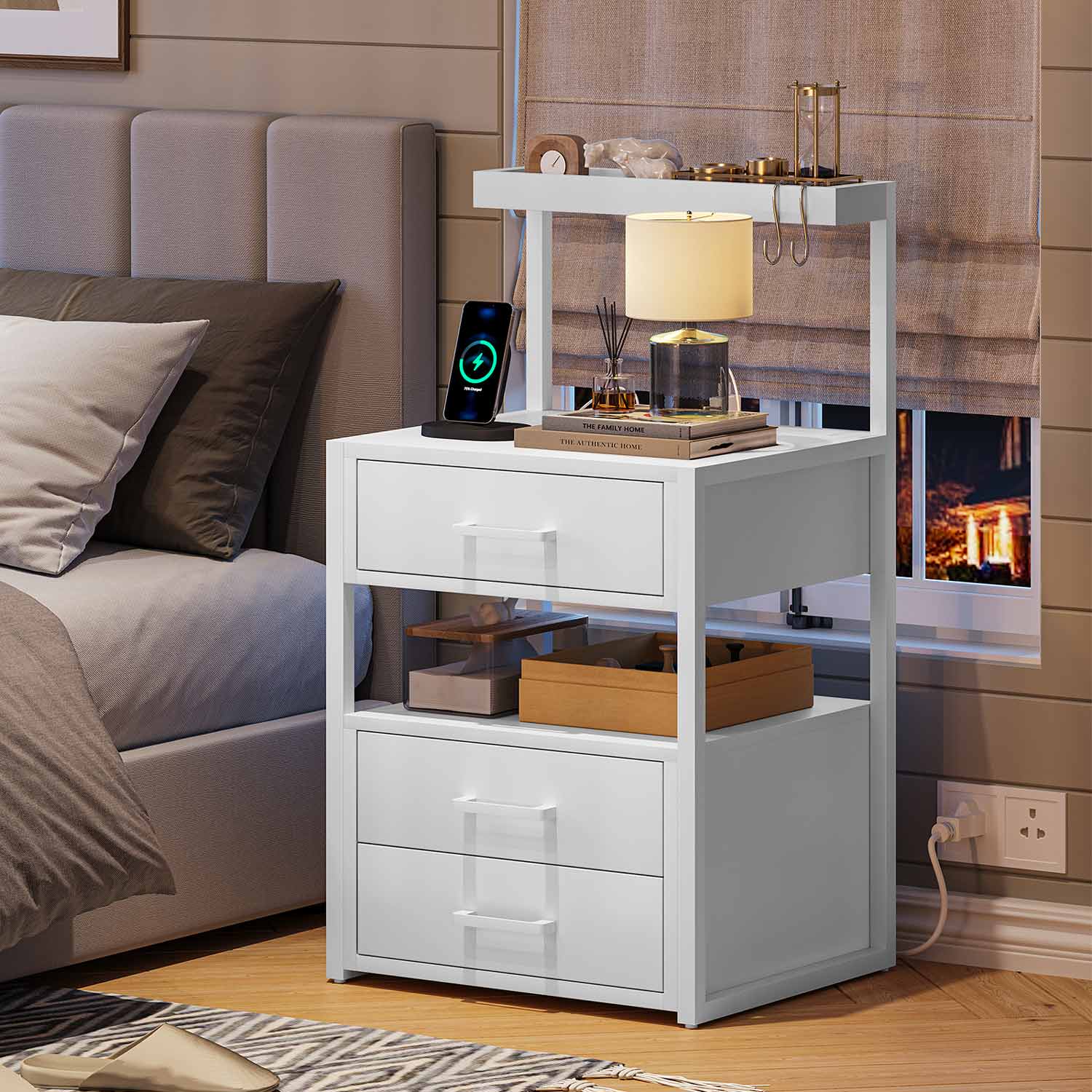 AOGLLATI Nightstands White / Metal / Modern AOGLLATI Nightstand with Charging Station and LED Lights White