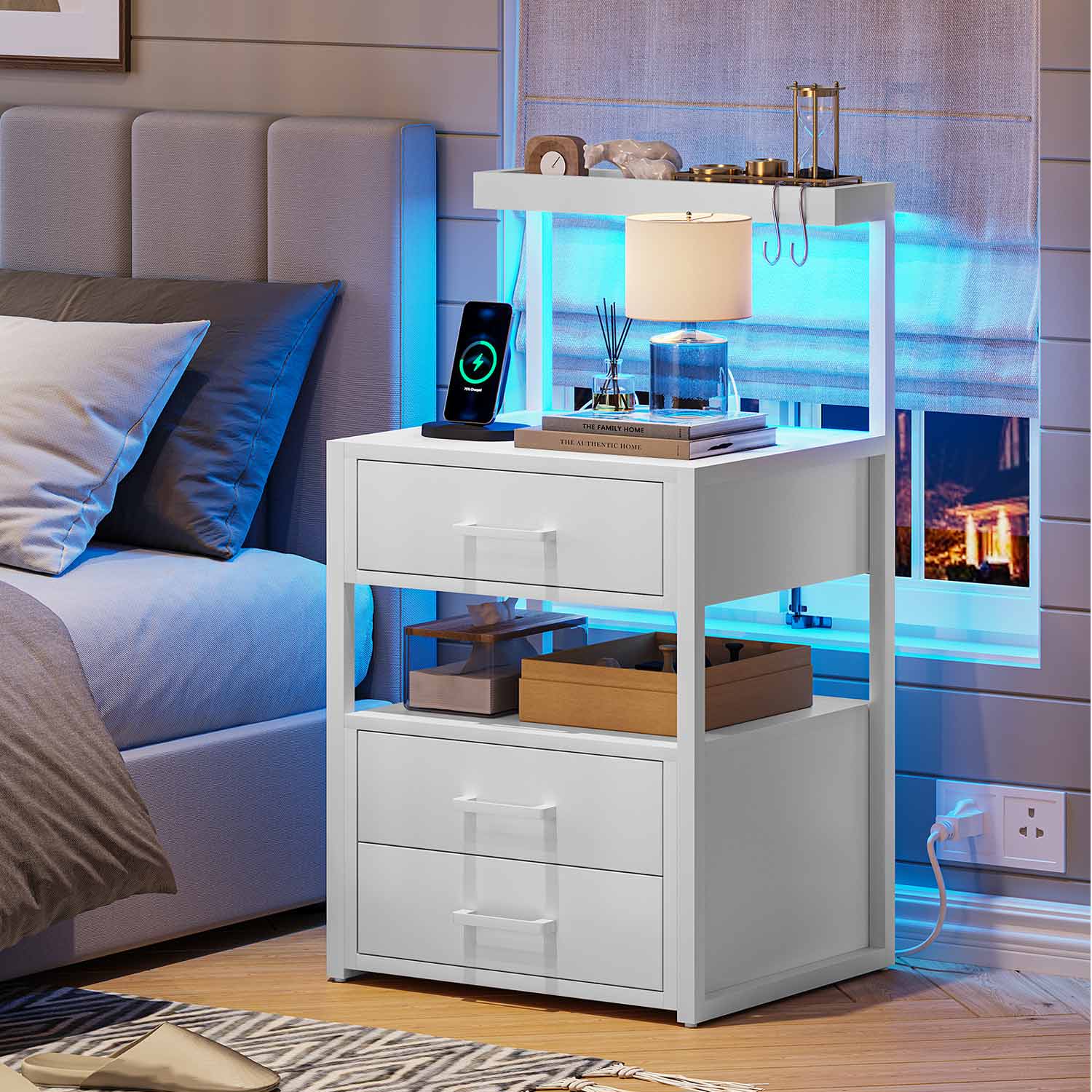 AOGLLATI Nightstands White / Metal / Modern AOGLLATI Nightstand with Charging Station and LED Lights White