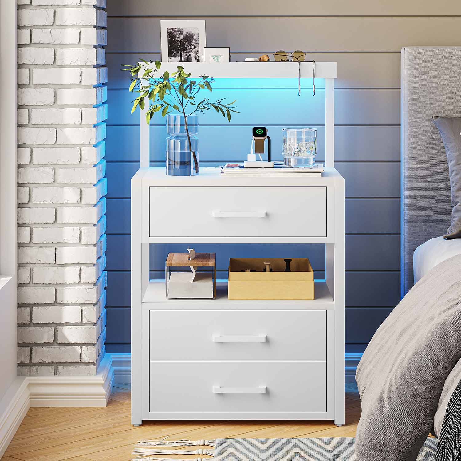 AOGLLATI Nightstands White / Metal / Modern AOGLLATI Nightstand with Charging Station and LED Lights White