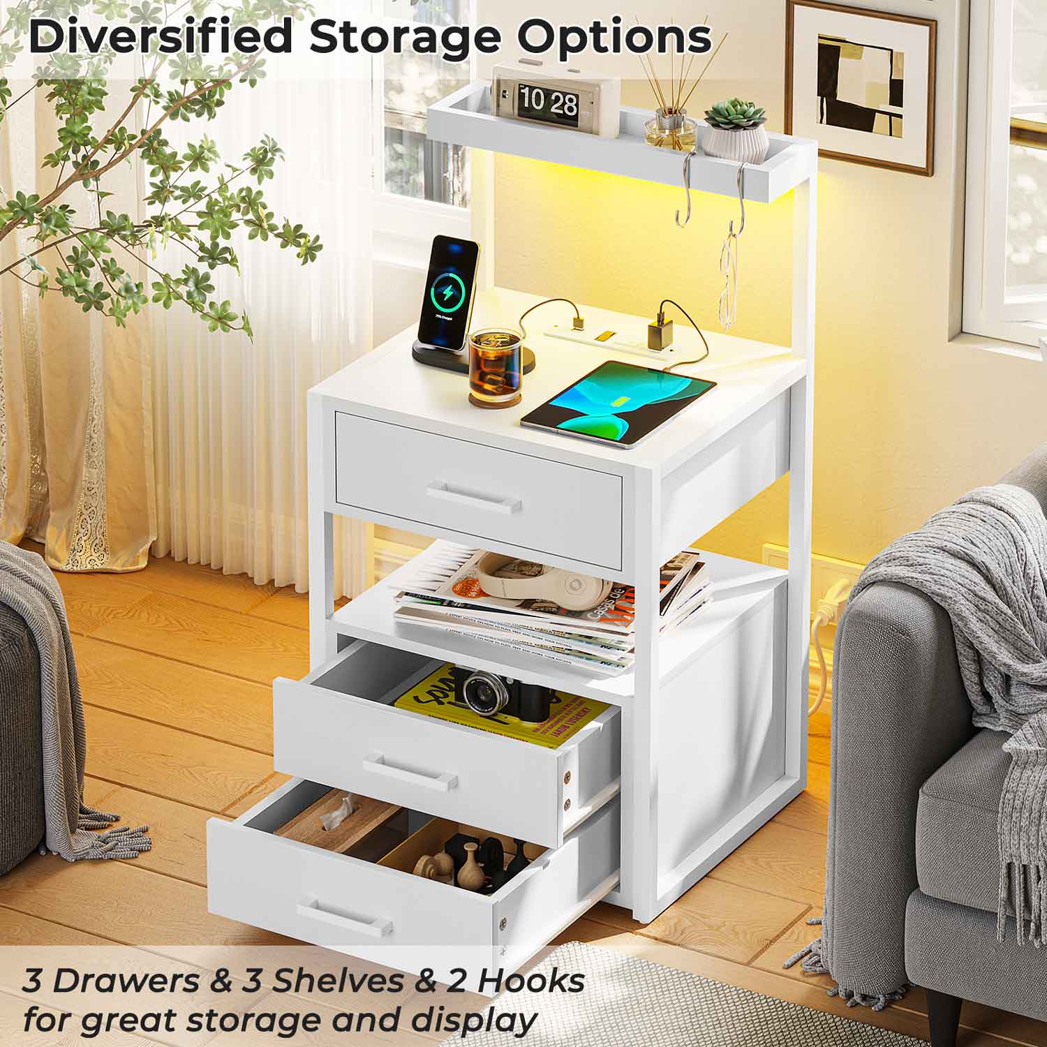 AOGLLATI Nightstands White / Metal / Modern AOGLLATI Nightstand with Charging Station and LED Lights White