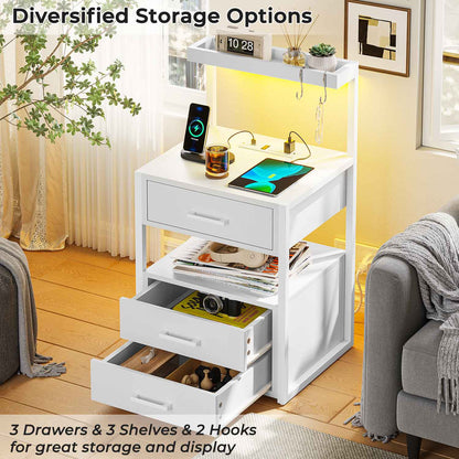 AOGLLATI Nightstands White / Metal / Modern AOGLLATI Nightstand with Charging Station and LED Lights White