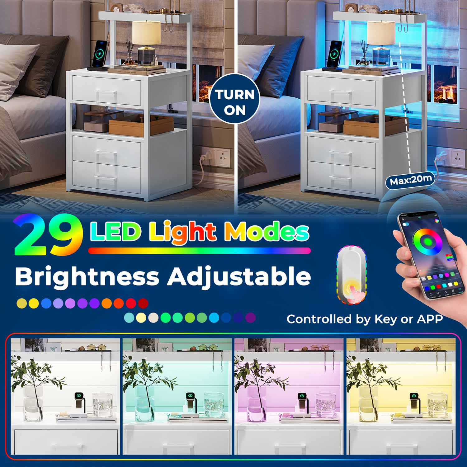 AOGLLATI Nightstands White / Metal / Modern AOGLLATI Nightstand with Charging Station and LED Lights White