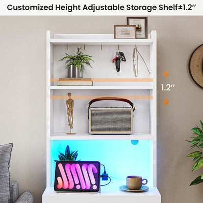 AOGLLATI Nightstands White Tall Nightstand with Charging Station, LED Lights & Bookshelf White