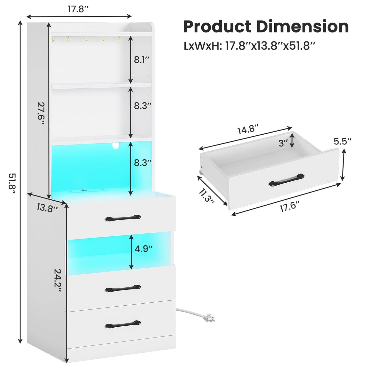 AOGLLATI Nightstands White Tall Nightstand with Charging Station, LED Lights & Bookshelf White