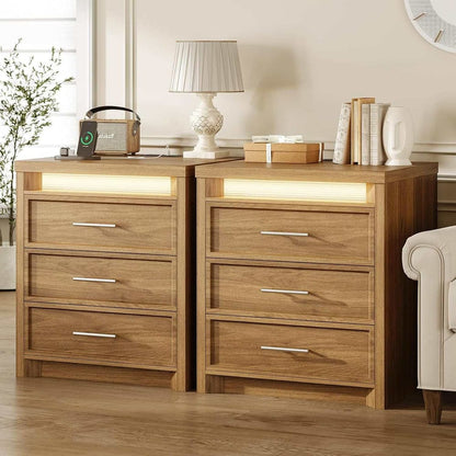AOGLLATI Nightstands Wood / Engineered Wood / Mid-Century Modern AOGLLATI 2PCS Lighted Nightstand with 3 Drawer Wood