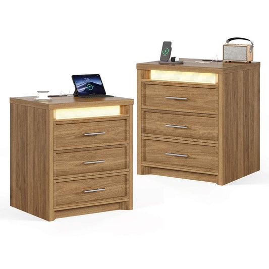 AOGLLATI Nightstands Wood / Engineered Wood / Mid-Century Modern AOGLLATI 2PCS Lighted Nightstand with 3 Drawer Wood
