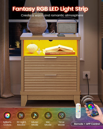 AOGLLATI Nightstands Wood / Engineered Wood / Mid-Century Modern Fluted Nightstand with LED Lights