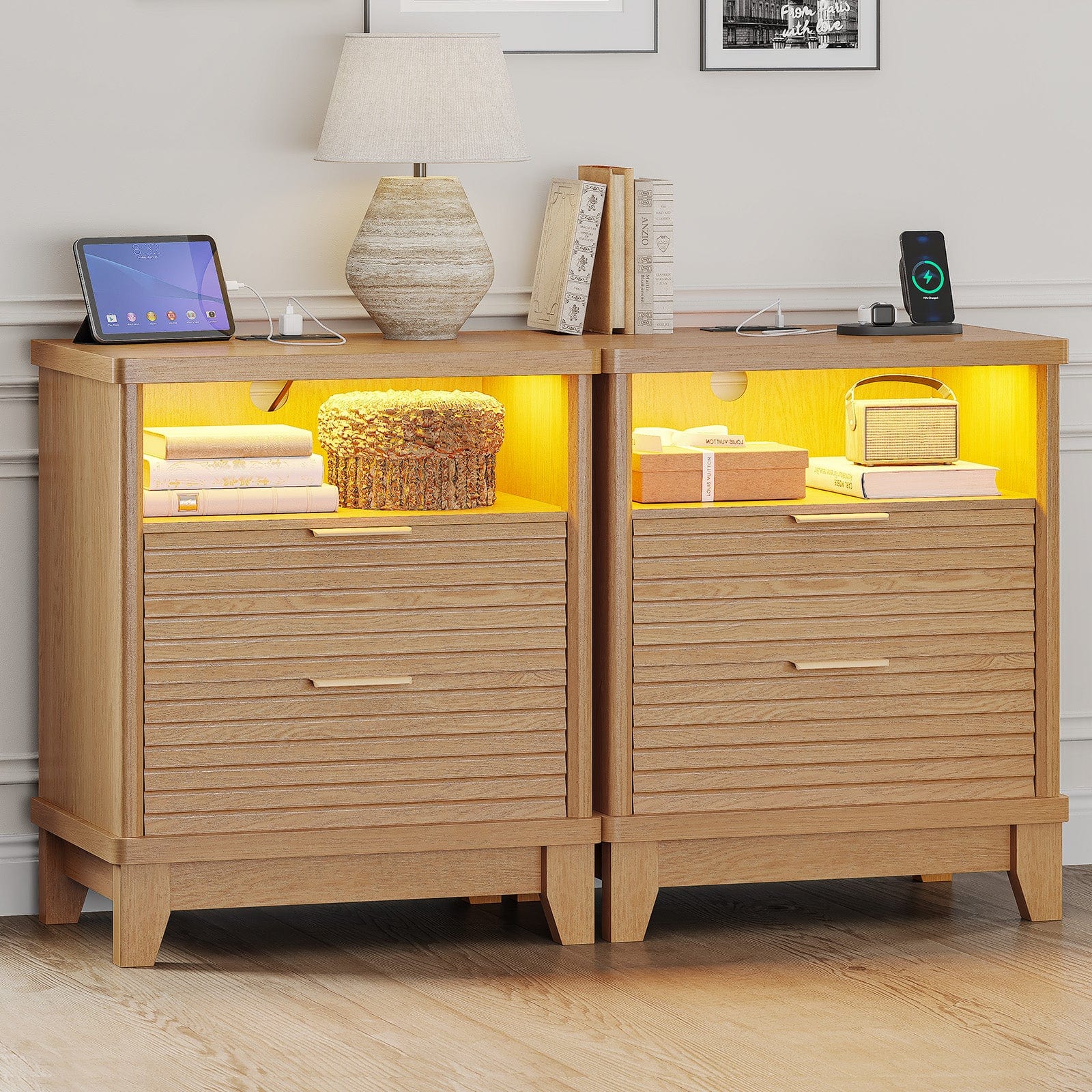 AOGLLATI Nightstands Wood / Engineered Wood / Mid-Century Modern Fluted Nightstand with LED Lights