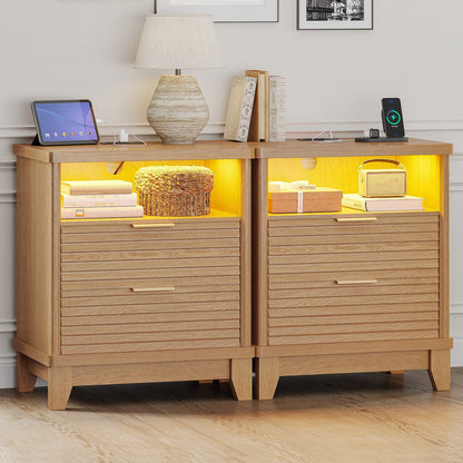 AOGLLATI Nightstands Wood / Engineered Wood / Mid-Century Modern Fluted Nightstand with LED Lights