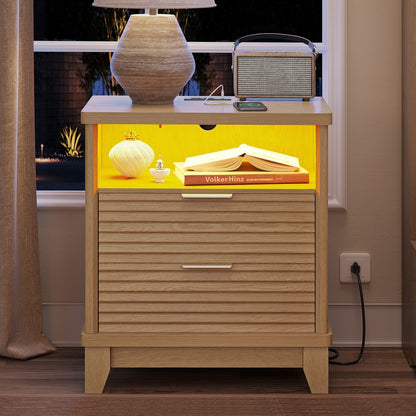 AOGLLATI Nightstands Wood / Engineered Wood / Mid-Century Modern Fluted Nightstand with LED Lights