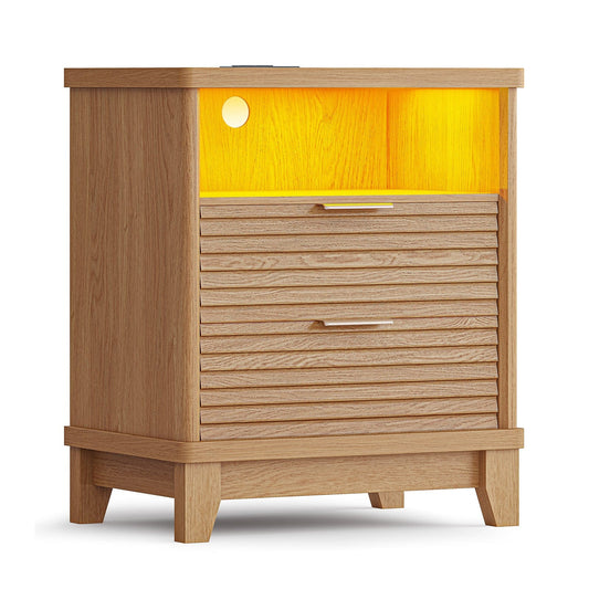 AOGLLATI Nightstands Wood / Engineered Wood / Mid-Century Modern Fluted Nightstand with LED Lights