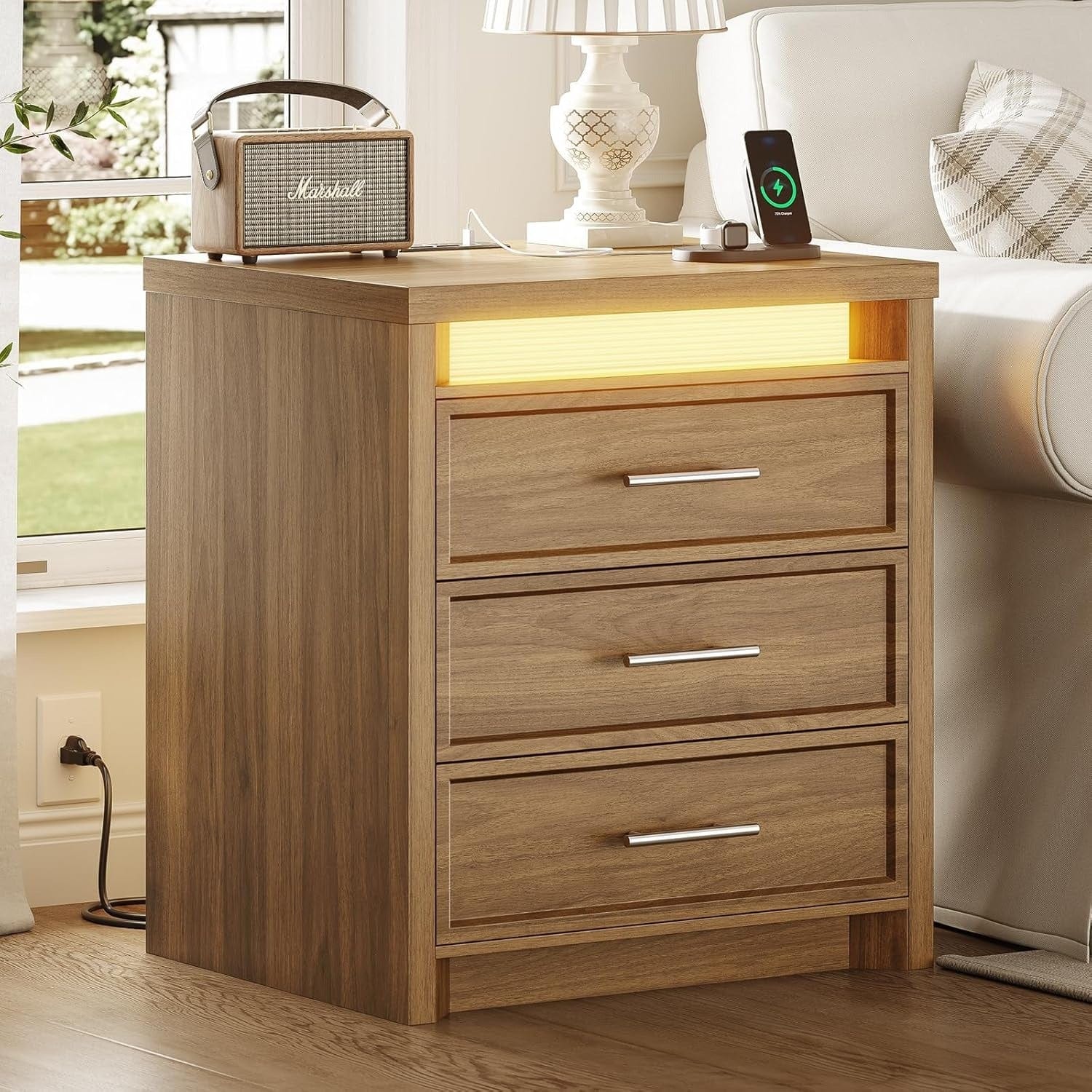 AOGLLATI Nightstands Wood / Engineered Wood / Mid-Century Modern Nightstand with 3 Color Lightbox