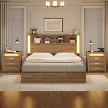 AOGLLATI Nightstands Wood / Engineered Wood / Mid-Century Modern Nightstand with 3 Color Lightbox