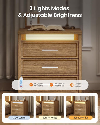 AOGLLATI Nightstands Wood / Engineered Wood / Mid-Century Modern Nightstand with 3 Color Lightbox