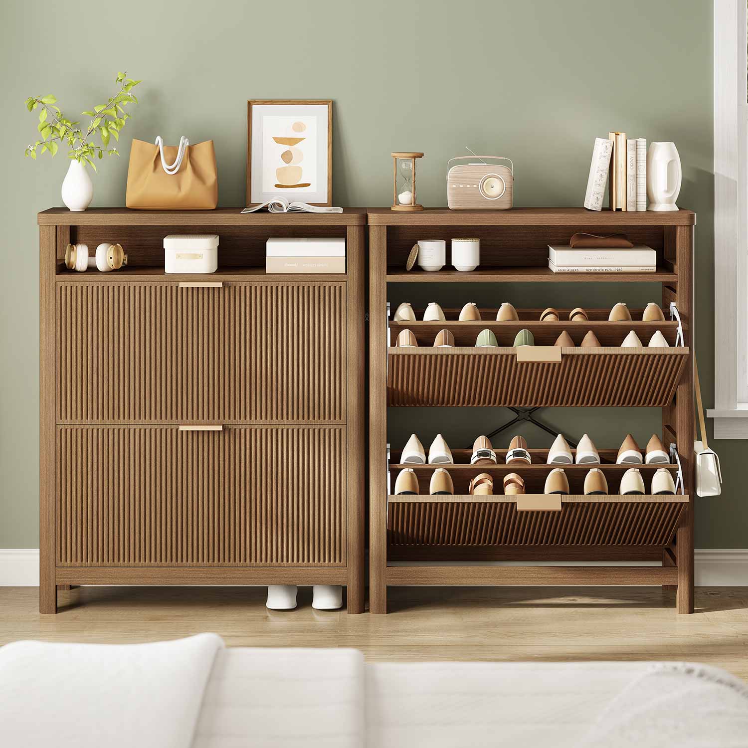 AOGLLATI Shoe Cabinet Wood / Engineered Wood / Mid-Century Modern Narrow Fluted Shoe Cabinet Storage Wood