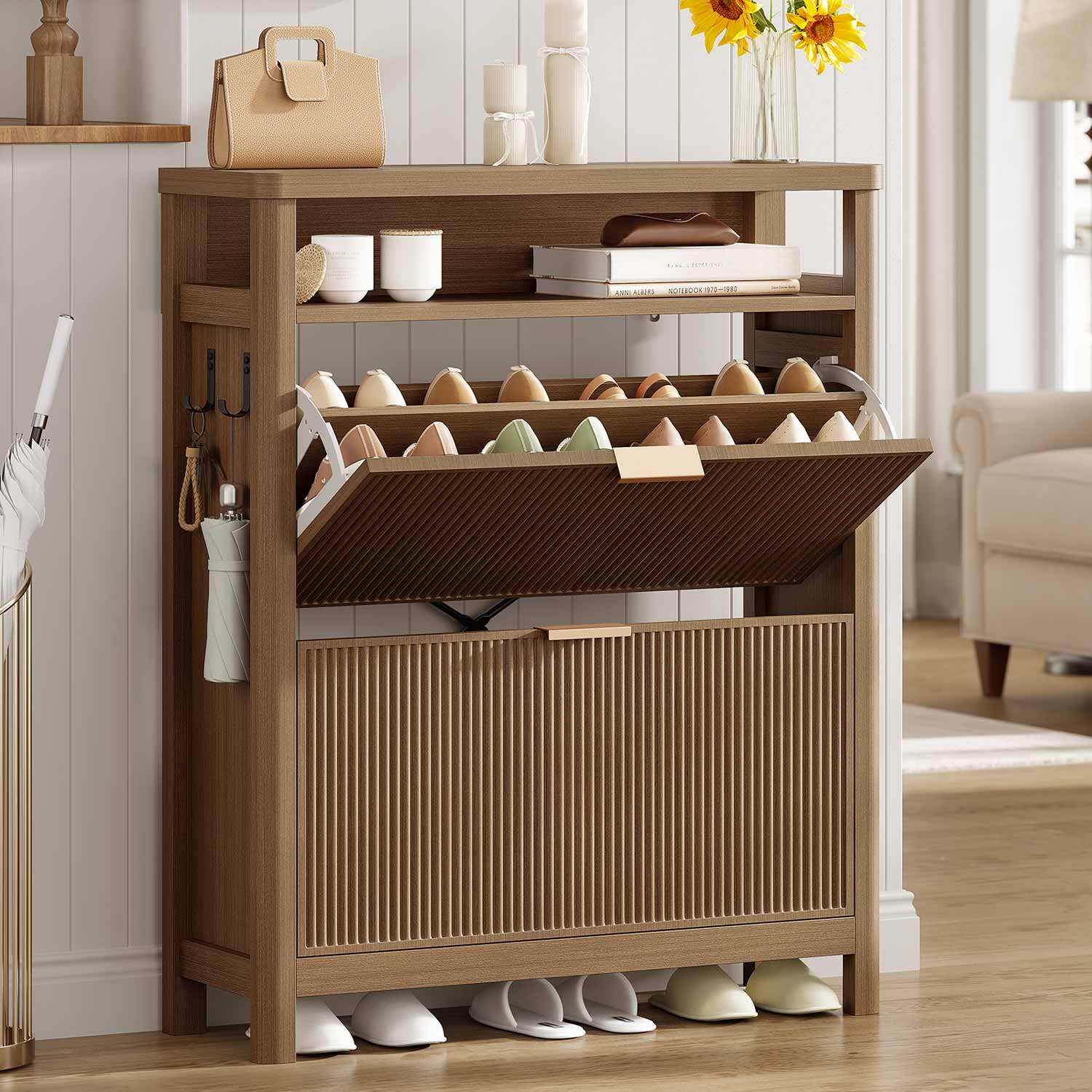 AOGLLATI Shoe Cabinet Wood / Engineered Wood / Mid-Century Modern Narrow Fluted Shoe Cabinet Storage Wood
