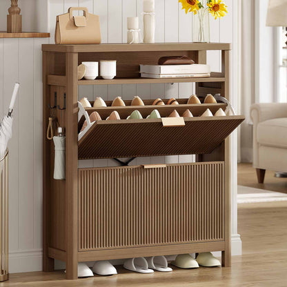 AOGLLATI Shoe Cabinet Wood / Engineered Wood / Mid-Century Modern Narrow Fluted Shoe Cabinet Storage Wood