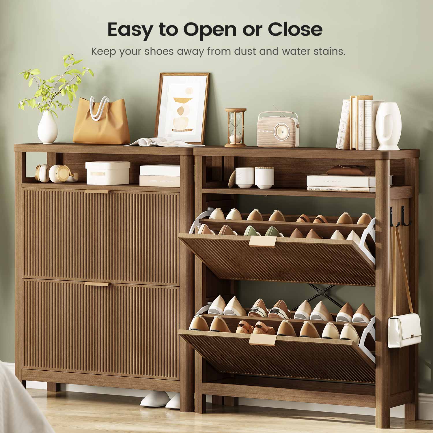 AOGLLATI Shoe Cabinet Wood / Engineered Wood / Mid-Century Modern Narrow Fluted Shoe Cabinet Storage Wood