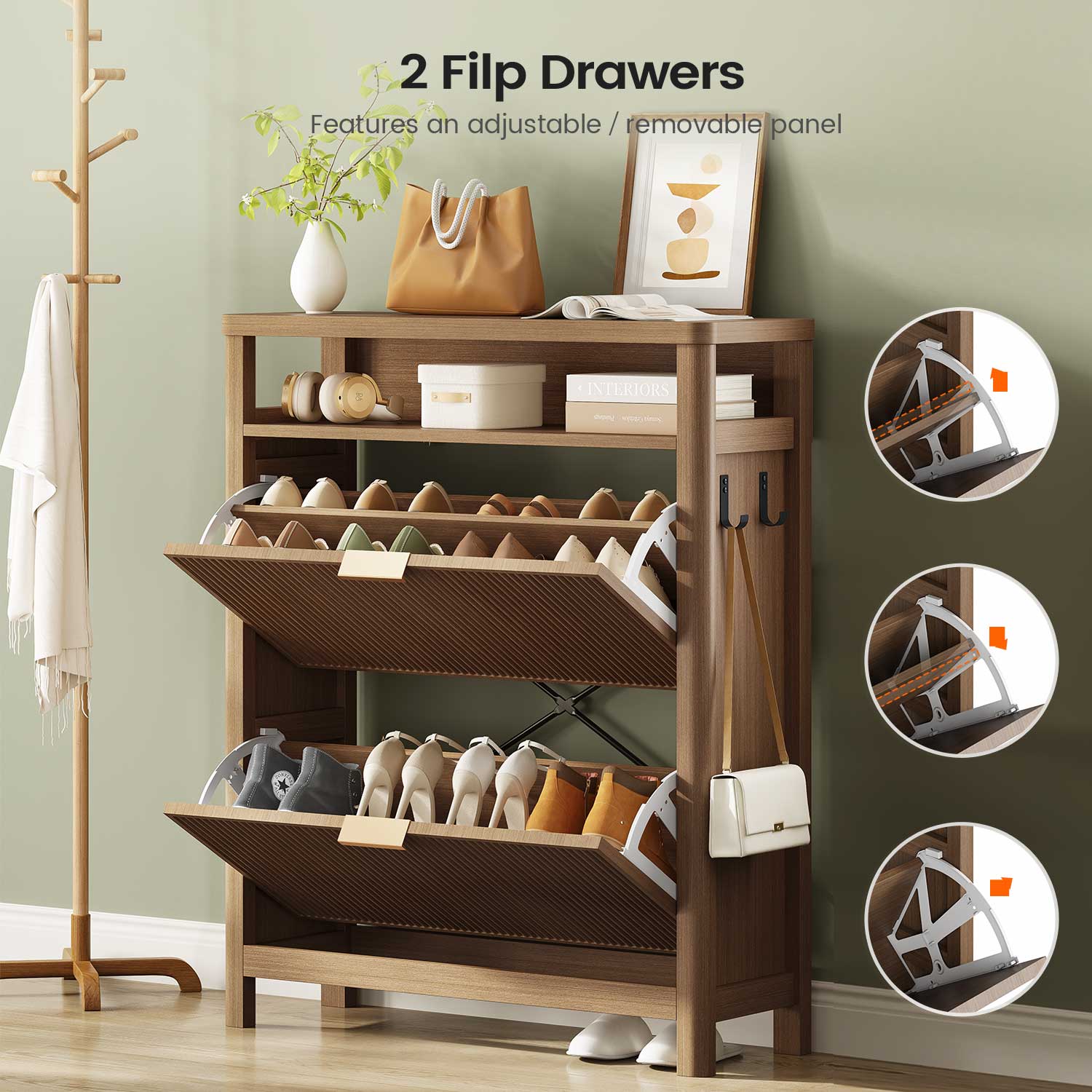 AOGLLATI Shoe Cabinet Wood / Engineered Wood / Mid-Century Modern Narrow Fluted Shoe Cabinet Storage Wood