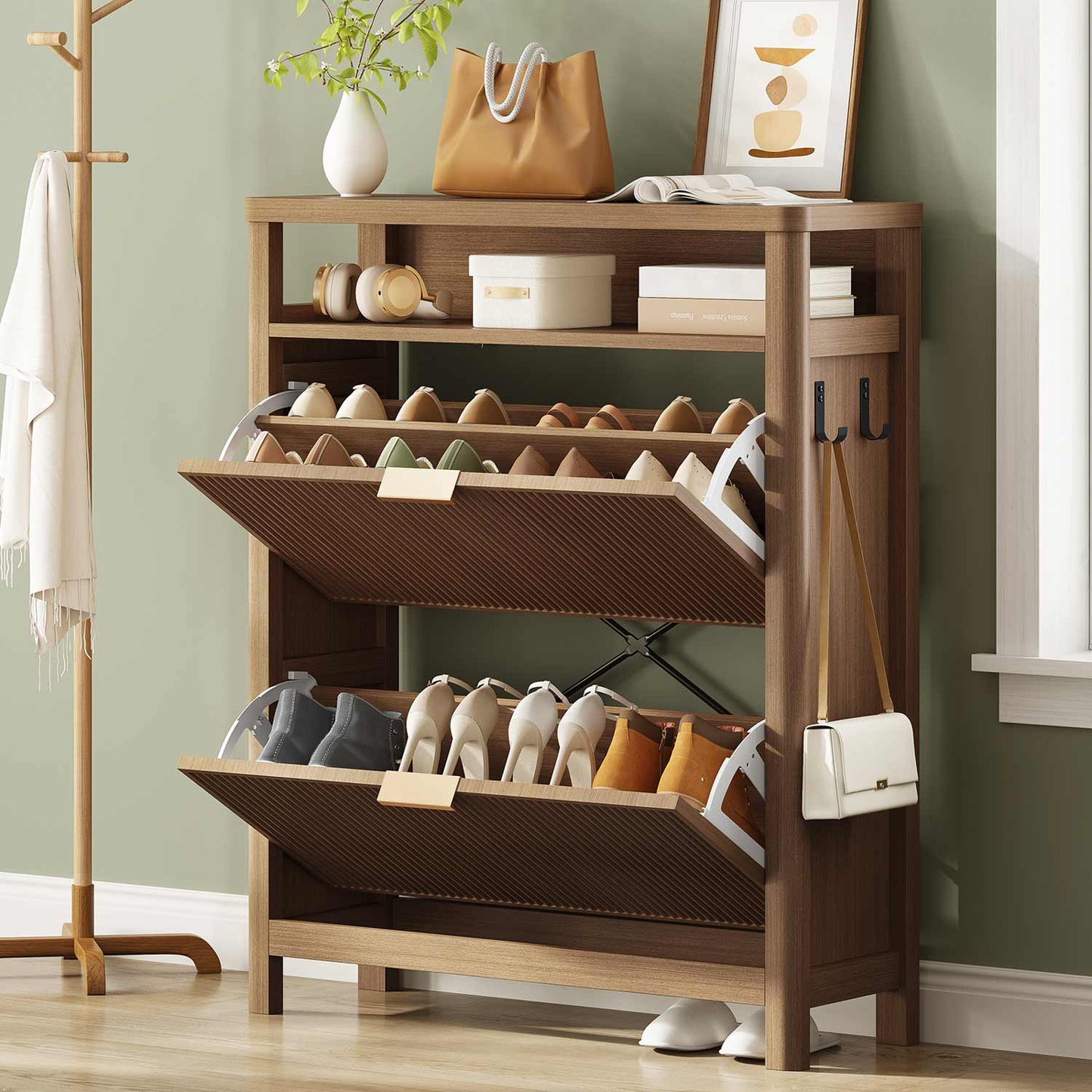 AOGLLATI Shoe Cabinet Wood / Engineered Wood / Mid-Century Modern Narrow Fluted Shoe Cabinet Storage Wood