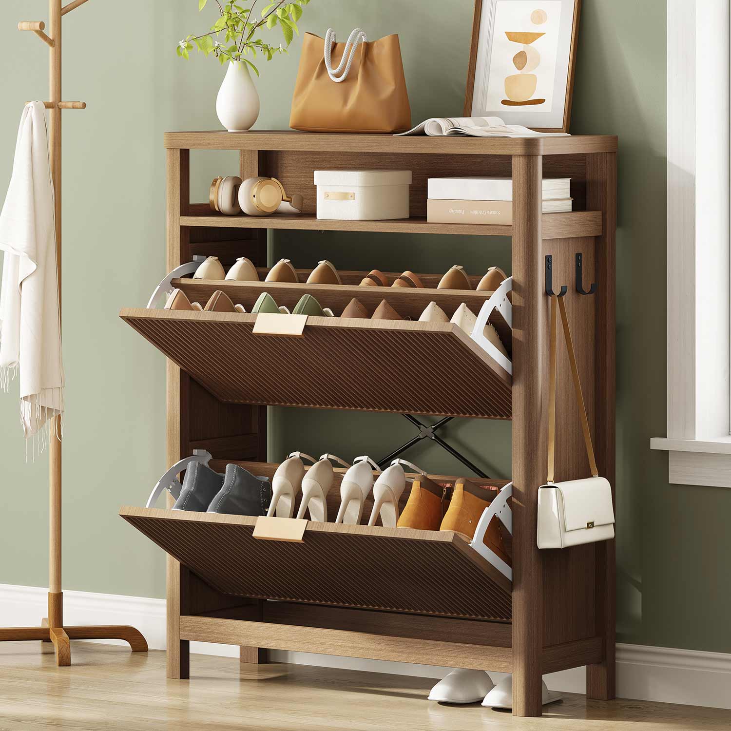 AOGLLATI Shoe Cabinet Wood / Engineered Wood / Mid-Century Modern Narrow Fluted Shoe Cabinet Storage Wood