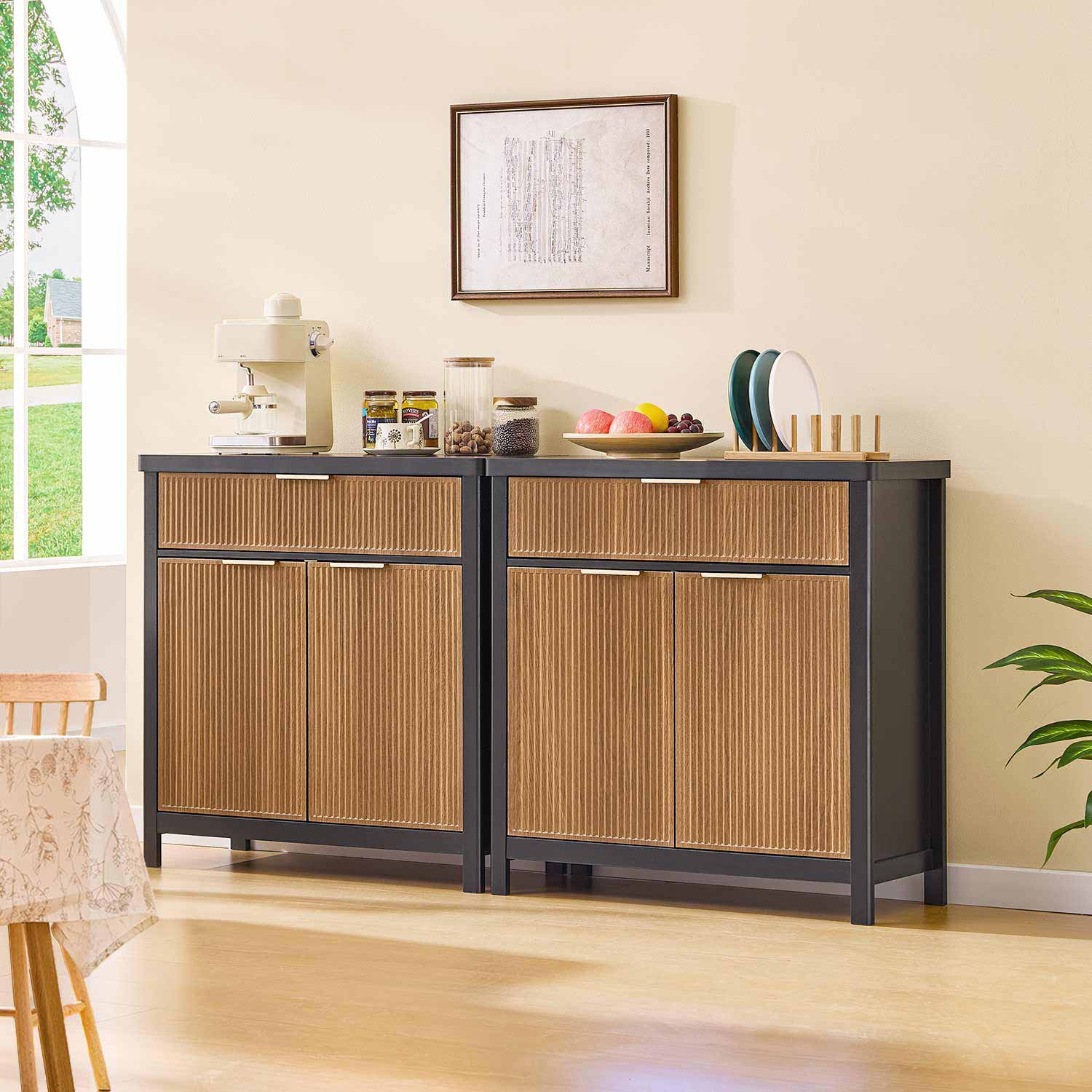 AOGLLATI Storage Cabinet Wood & Black / Drawers / Engineered Wood Sideboard Buffet Storage Cabinet with Drawers Wood & Black