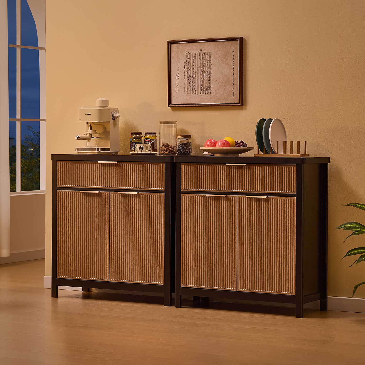 AOGLLATI Storage Cabinet Wood & Black / Drawers / Engineered Wood Sideboard Buffet Storage Cabinet with Drawers Wood & Black