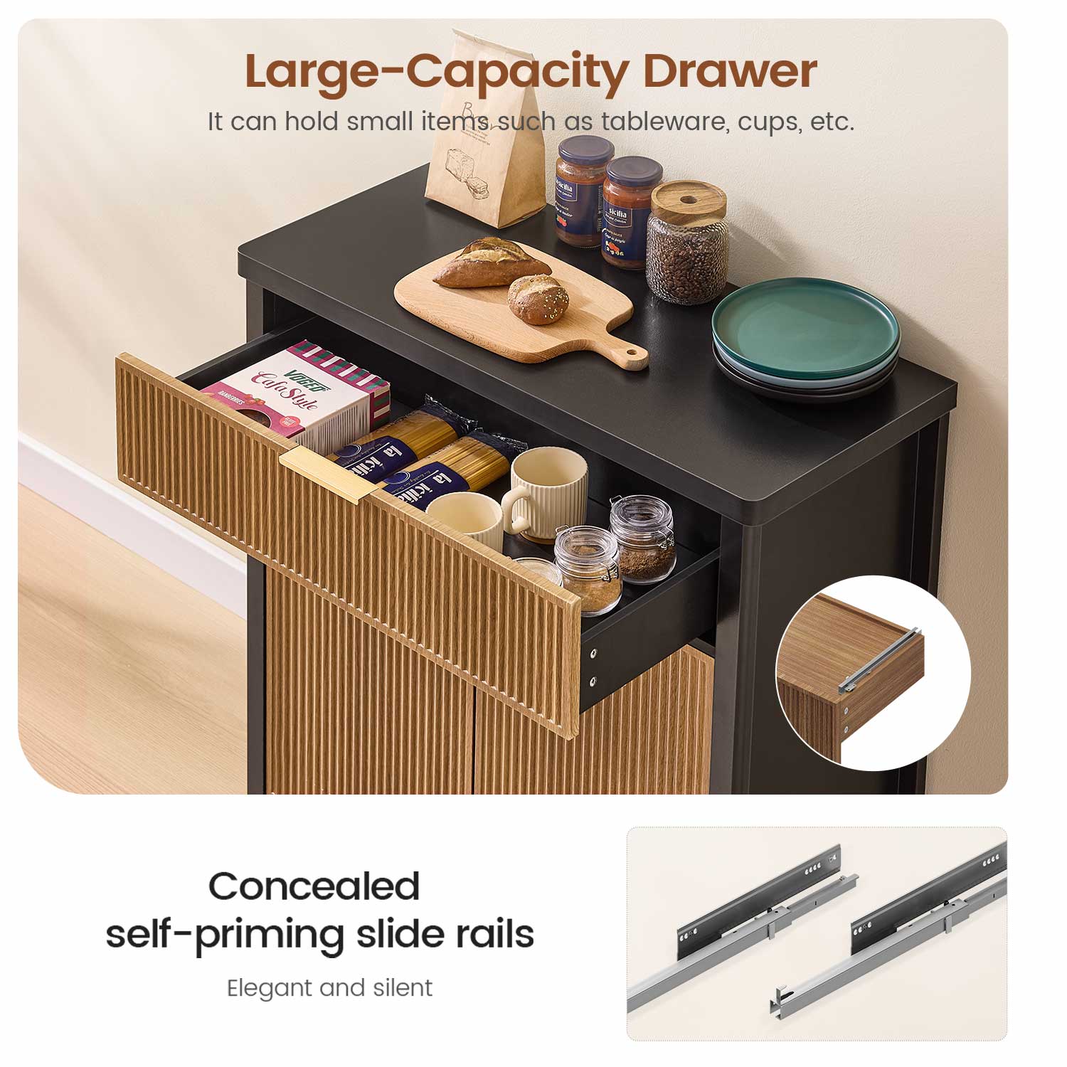 AOGLLATI Storage Cabinet Wood & Black / Drawers / Engineered Wood Sideboard Buffet Storage Cabinet with Drawers Wood & Black