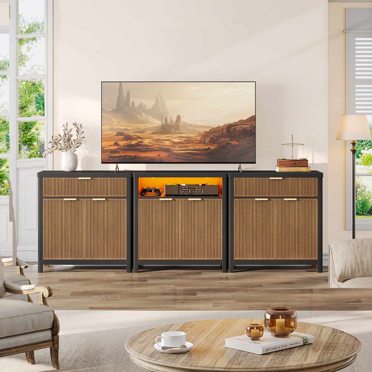 AOGLLATI Storage Cabinet Wood & Black / Drawers / Engineered Wood Sideboard Buffet Storage Cabinet with Drawers Wood & Black