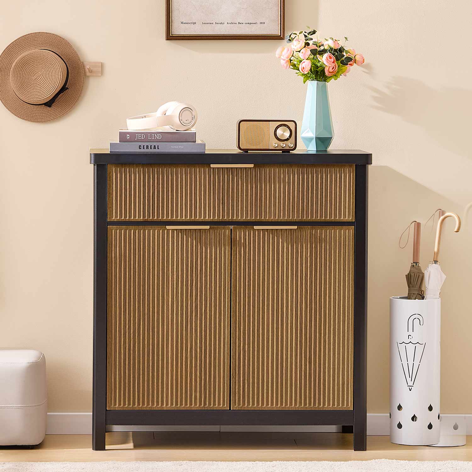 AOGLLATI Storage Cabinet Wood & Black / Drawers / Engineered Wood Sideboard Buffet Storage Cabinet with Drawers Wood & Black