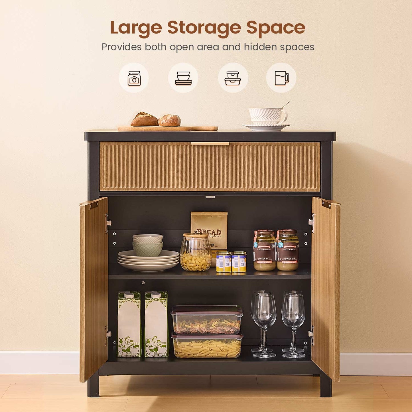AOGLLATI Storage Cabinet Wood & Black / Drawers / Engineered Wood Sideboard Buffet Storage Cabinet with Drawers Wood & Black