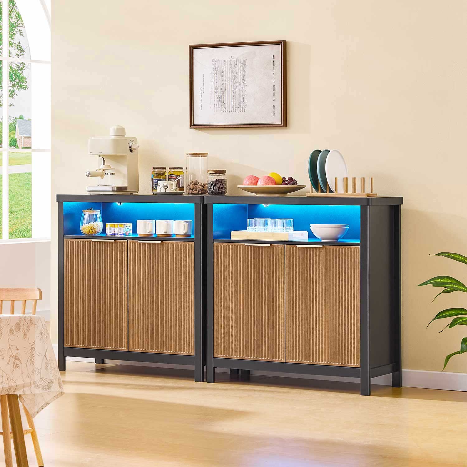 AOGLLATI Storage Cabinet Wood & Black / LED / Engineered Wood LED Sideboard Buffet Storage Cabinet Wood & Black