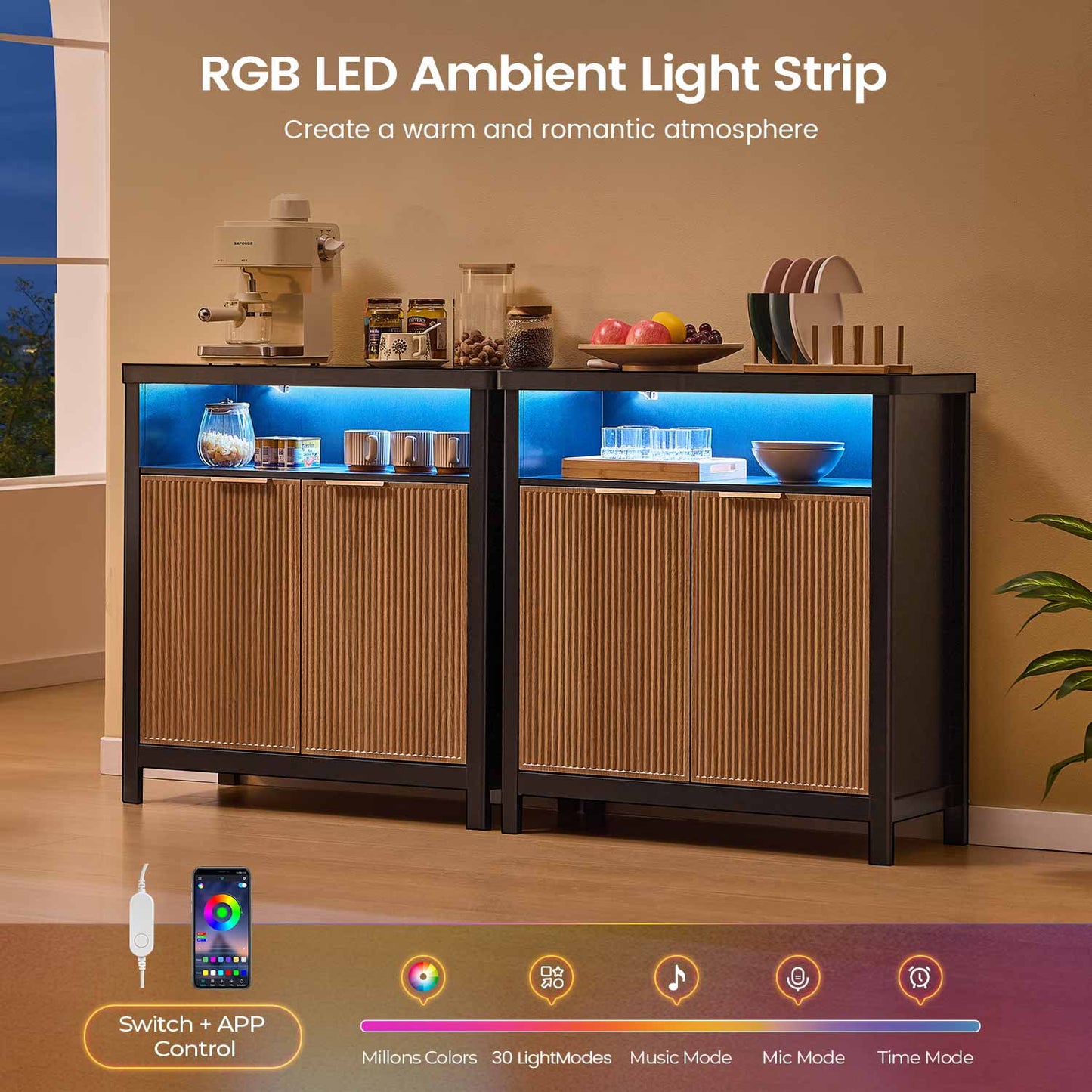 AOGLLATI Storage Cabinet Wood & Black / LED / Engineered Wood LED Sideboard Buffet Storage Cabinet Wood & Black