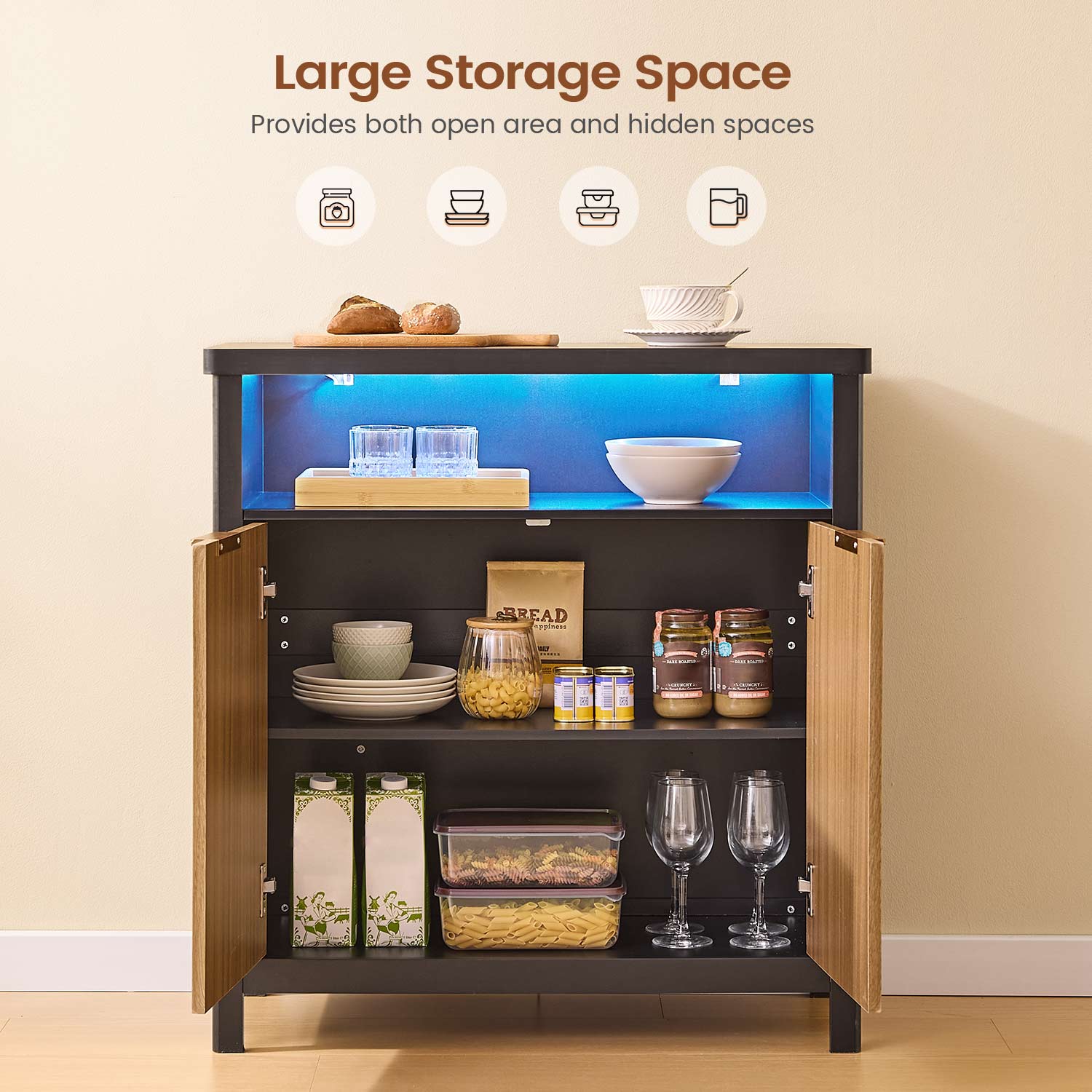 AOGLLATI Storage Cabinet Wood & Black / LED / Engineered Wood LED Sideboard Buffet Storage Cabinet Wood & Black