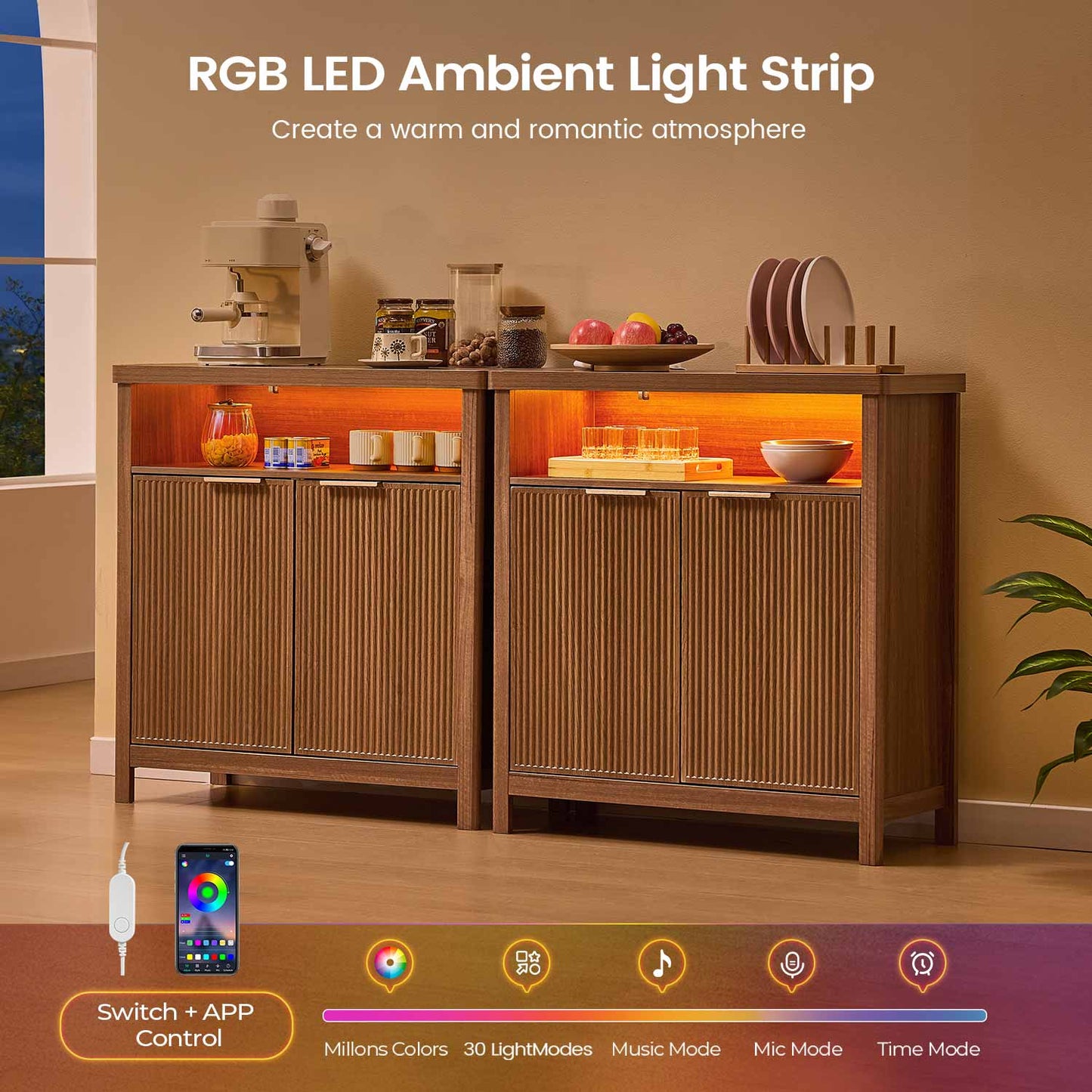 AOGLLATI Storage Cabinet Wood / LED / Engineered Wood LED Sideboard Buffet Storage Cabinet Wood