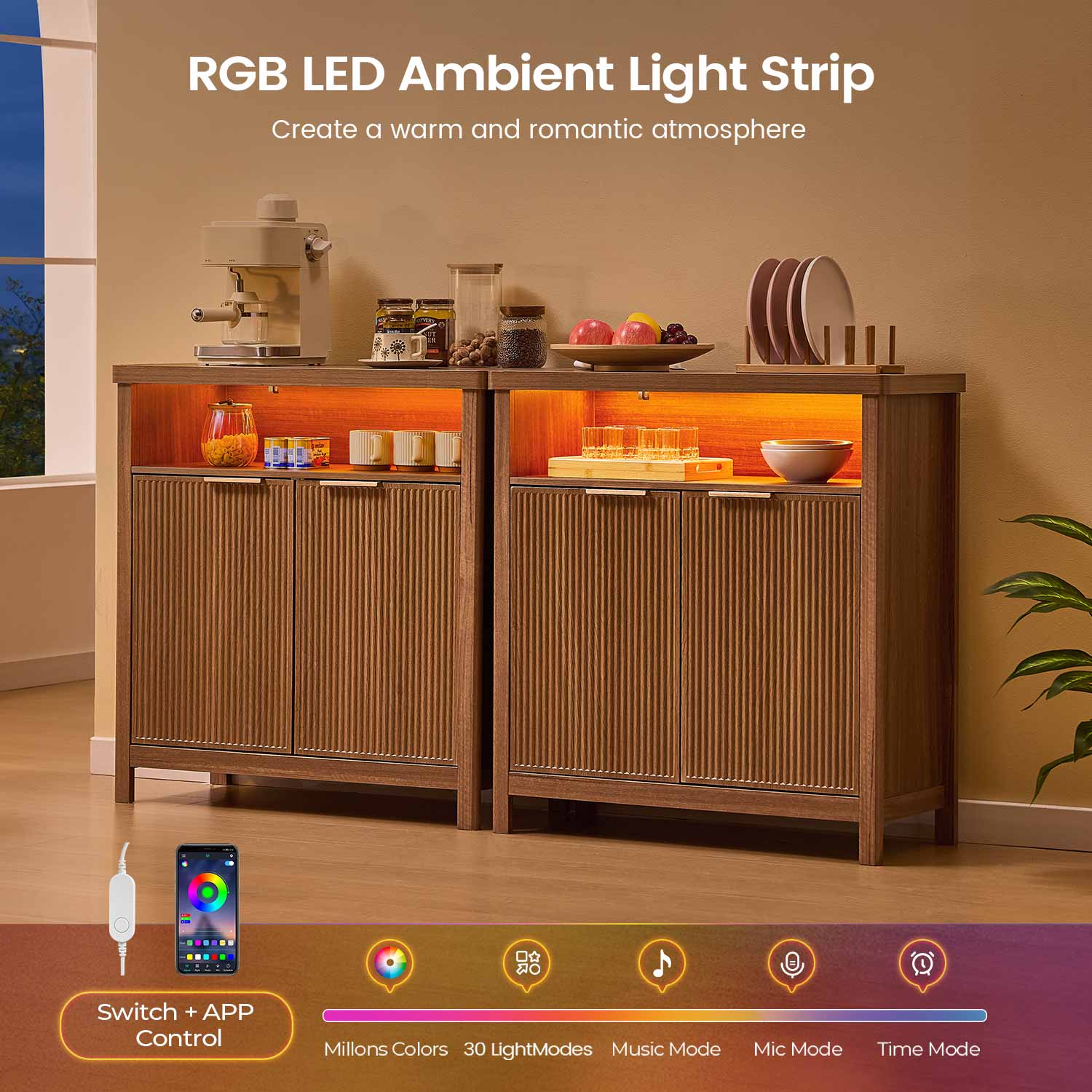 AOGLLATI Storage Cabinet Wood / LED / Engineered Wood LED Sideboard Buffet Storage Cabinet Wood