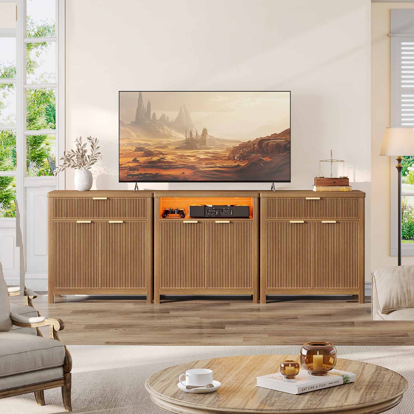AOGLLATI Storage Cabinet Wood / LED / Engineered Wood LED Sideboard Buffet Storage Cabinet Wood